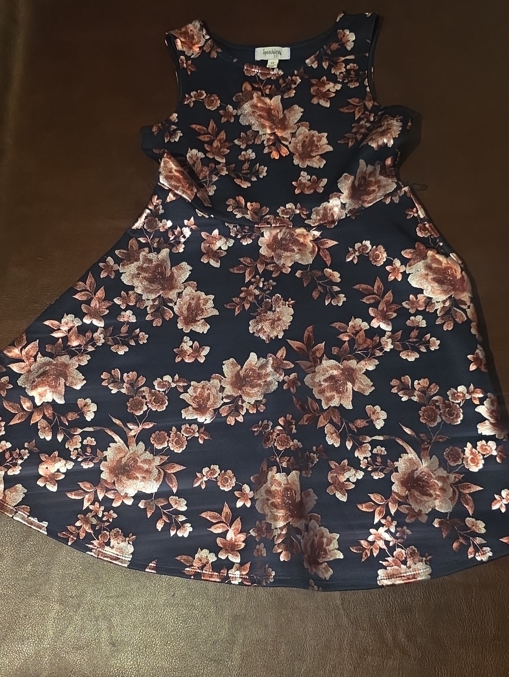 wonder nation Navy Floral Ruffle-Shoulder Dress with Rose-Gold Flowers